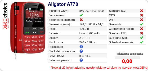 Aligator A770 Dati tecnici di telefono cellulare 
