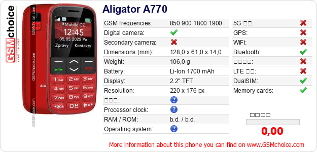 Aligator A770 手機技術數據