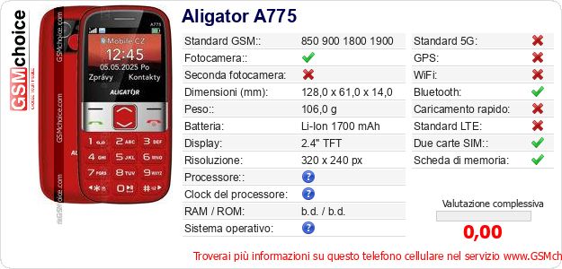 Aligator A775 Dati tecnici di telefono cellulare Aligator A775 Dati tecnici di telefono cellulare