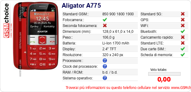 Aligator A775 Dati tecnici di telefono cellulare 