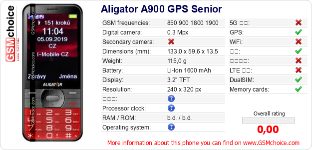 Aligator A900 GPS Senior 手机技术数据