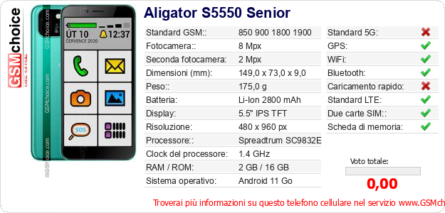 Aligator S5550 Senior Dati tecnici di telefono cellulare 