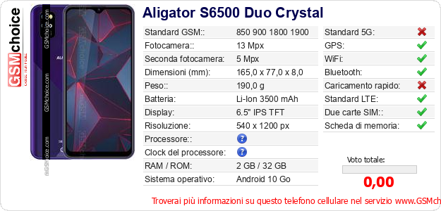 Aligator S6500 Duo Crystal Dati tecnici di telefono cellulare 