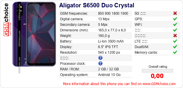 Aligator S6500 Duo Crystal 手机技术数据