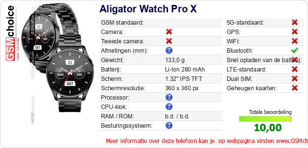 Aligator Watch Pro X Technische gegevens Aligator Watch Pro X Technische gegevens