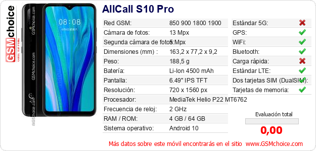 AllCall S10 Pro Datos técnicos del móvil AllCall S10 Pro Datos técnicos del móvil