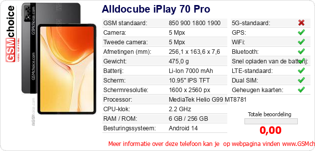 Alldocube iPlay 70 Pro Technische gegevens 
