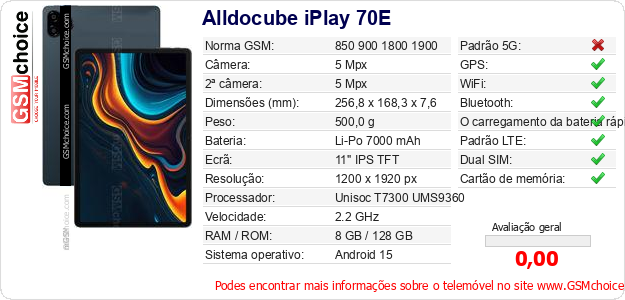 Alldocube iPlay 70E Especificações técnicas do telemóvel Alldocube iPlay 70E Especificações técnicas do telemóvel