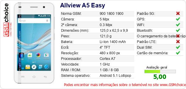 Allview A5 Easy Especificações técnicas do telemóvel Allview A5 Easy Especificações técnicas do telemóvel
