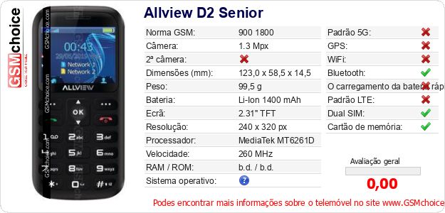 Allview D2 Senior Especificações técnicas do telemóvel Allview D2 Senior Especificações técnicas do telemóvel