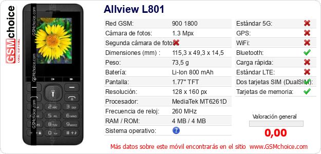 Allview L801 Datos técnicos del móvil Allview L801 Datos técnicos del móvil