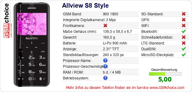 Allview S8 Style technische Daten Allview S8 Style technische Daten