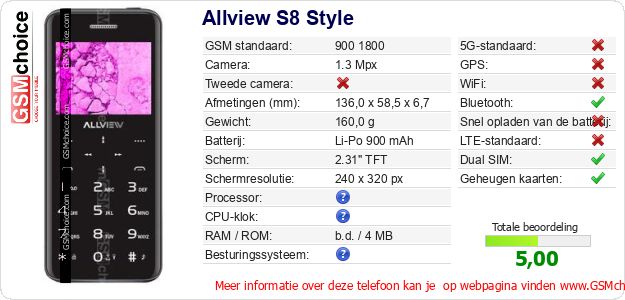 Allview S8 Style Technische gegevens Allview S8 Style Technische gegevens