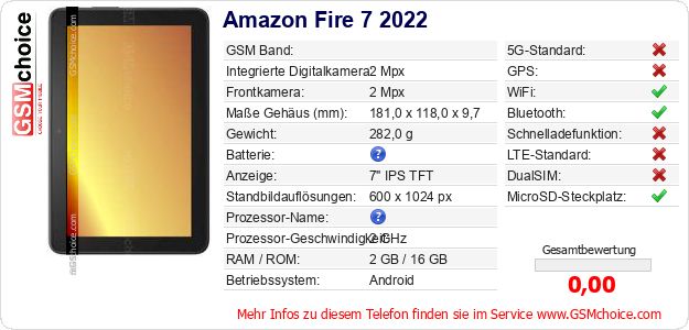 Amazon Fire 7 2022 technische Daten Amazon Fire 7 2022 technische Daten
