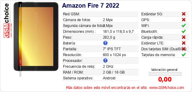 Amazon Fire 7 2022 Datos técnicos del móvil Amazon Fire 7 2022 Datos técnicos del móvil