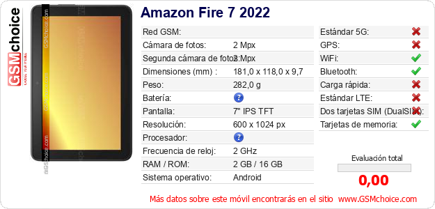 Amazon Fire 7 2022 Datos técnicos del móvil Amazon Fire 7 2022 Datos técnicos del móvil