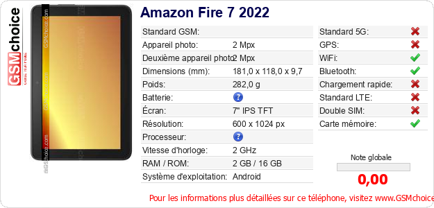 Amazon Fire 7 2022 Fiche technique Amazon Fire 7 2022 Fiche technique