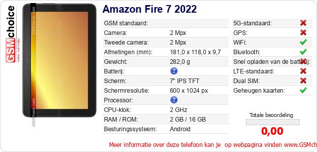 Amazon Fire 7 2022 Technische gegevens Amazon Fire 7 2022 Technische gegevens