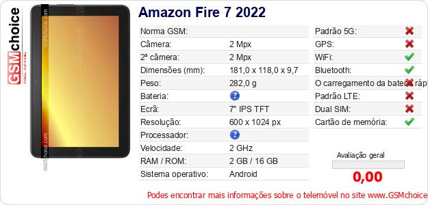 Amazon Fire 7 2022 Especificações técnicas do telemóvel 