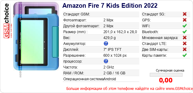 Amazon Fire 7 Kids Edition 2022 Технические данные телефона  Amazon Fire 7 Kids Edition 2022 Технические данные телефона