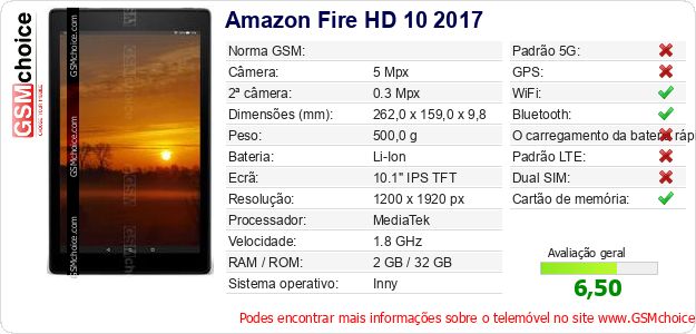 Amazon Fire HD 10 2017 Especificações técnicas do telemóvel Amazon Fire HD 10 2017 Especificações técnicas do telemóvel