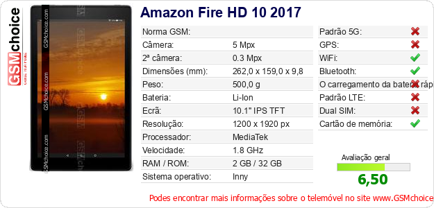 Amazon Fire HD 10 2017 Especificações técnicas do telemóvel 
