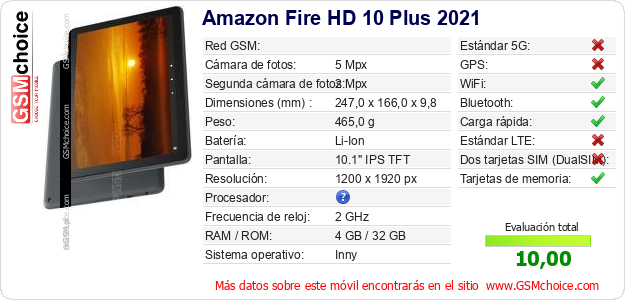 Amazon Fire HD 10 Plus 2021 Datos técnicos del móvil Amazon Fire HD 10 Plus 2021 Datos técnicos del móvil