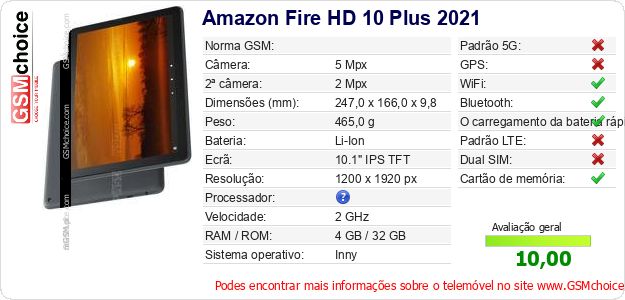 Amazon Fire HD 10 Plus 2021 Especificações técnicas do telemóvel Amazon Fire HD 10 Plus 2021 Especificações técnicas do telemóvel