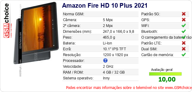 Amazon Fire HD 10 Plus 2021 Especificações técnicas do telemóvel Amazon Fire HD 10 Plus 2021 Especificações técnicas do telemóvel