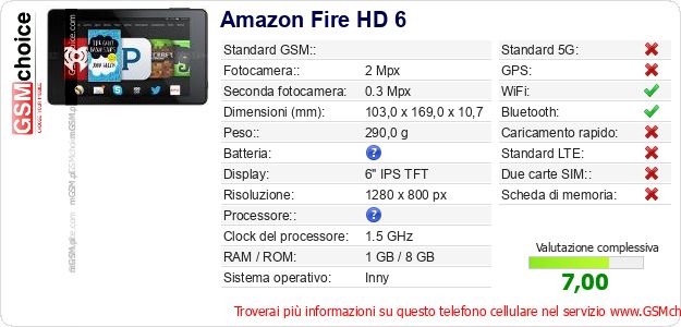 Amazon Fire HD 6 Dati tecnici di telefono cellulare 