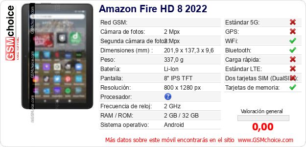 Amazon Fire HD 8 2022 Datos técnicos del móvil Amazon Fire HD 8 2022 Datos técnicos del móvil