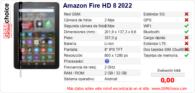 Amazon Fire HD 8 2022 Datos técnicos del móvil Amazon Fire HD 8 2022 Datos técnicos del móvil