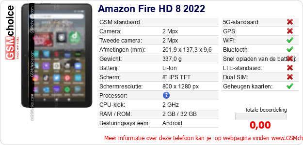Amazon Fire HD 8 2022 Technische gegevens Amazon Fire HD 8 2022 Technische gegevens