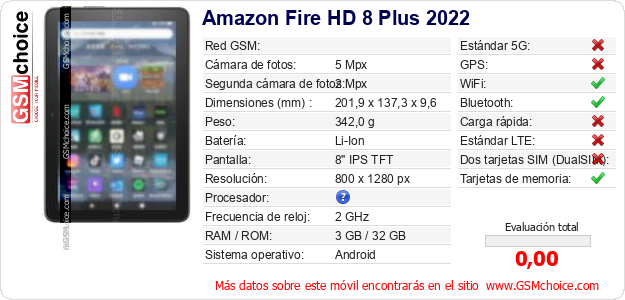 Amazon Fire HD 8 Plus 2022 Datos técnicos del móvil Amazon Fire HD 8 Plus 2022 Datos técnicos del móvil