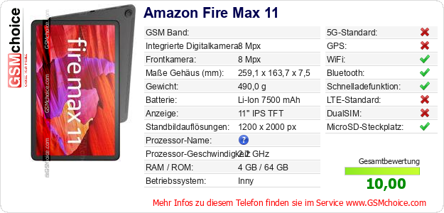 Amazon Fire Max 11 technische Daten Amazon Fire Max 11 technische Daten