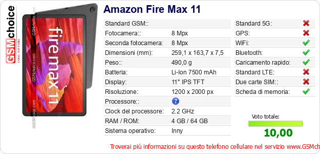 Amazon Fire Max 11 Dati tecnici di telefono cellulare 