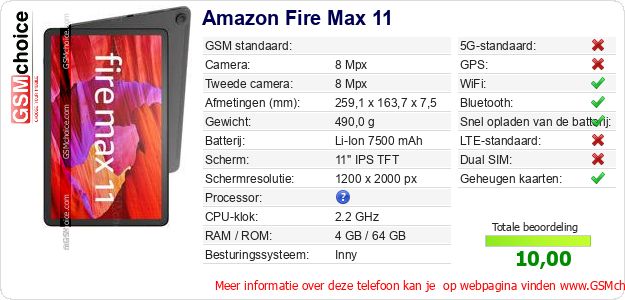 Amazon Fire Max 11 Technische gegevens 
