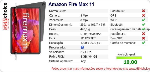 Amazon Fire Max 11 Especificações técnicas do telemóvel 