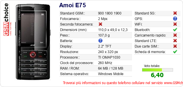 Amoi E75 Dati tecnici di telefono cellulare Amoi E75 Dati tecnici di telefono cellulare