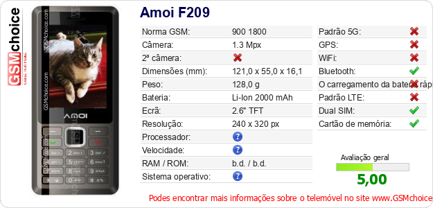 Amoi F209 Especificações técnicas do telemóvel Amoi F209 Especificações técnicas do telemóvel