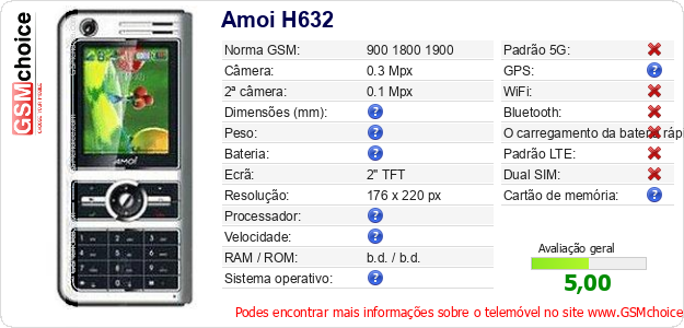 Amoi H632 Especificações técnicas do telemóvel Amoi H632 Especificações técnicas do telemóvel