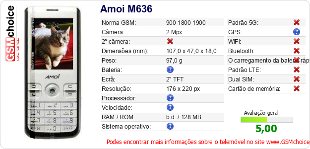 Amoi M636 Especificações técnicas do telemóvel Amoi M636 Especificações técnicas do telemóvel