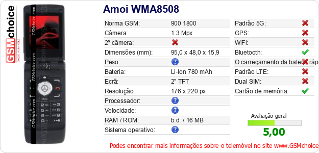 Amoi WMA8508 Especificações técnicas do telemóvel Amoi WMA8508 Especificações técnicas do telemóvel