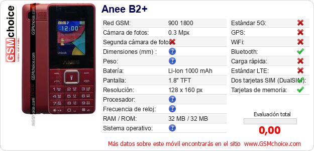 Anee B2+ Datos técnicos del móvil Anee B2+ Datos técnicos del móvil