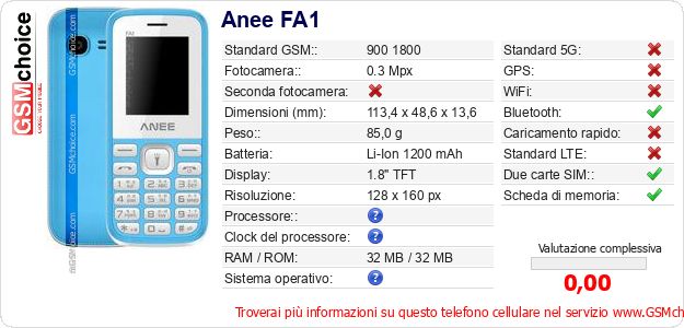 Anee FA1 Dati tecnici di telefono cellulare 