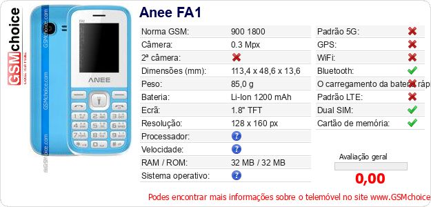 Anee FA1 Especificações técnicas do telemóvel 
