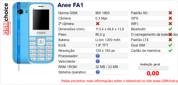 Anee FA1 Especificações técnicas do telemóvel Anee FA1 Especificações técnicas do telemóvel