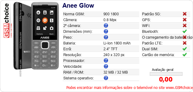 Anee Glow Especificações técnicas do telemóvel Anee Glow Especificações técnicas do telemóvel