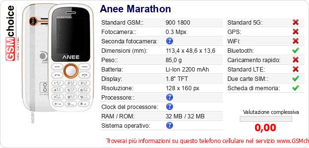 Anee Marathon Dati tecnici di telefono cellulare 