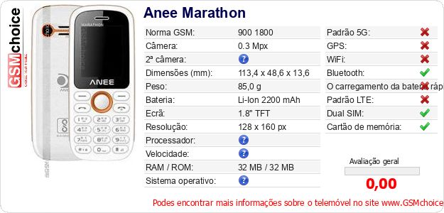 Anee Marathon Especificações técnicas do telemóvel Anee Marathon Especificações técnicas do telemóvel